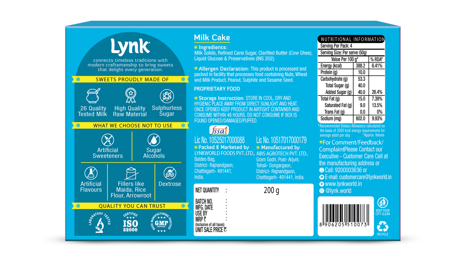 Milk Cake Back Package