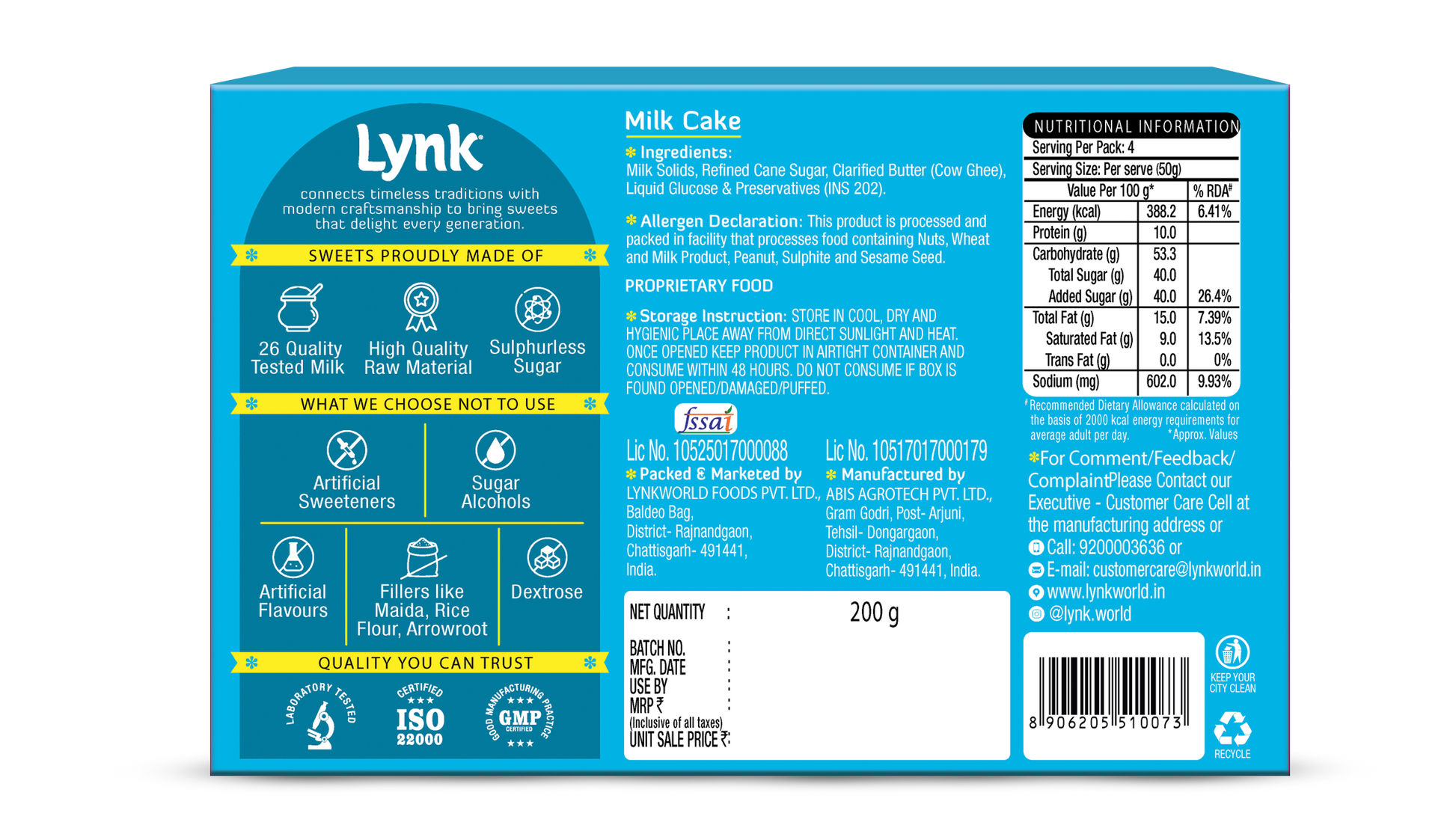 Milk Cake Back Package